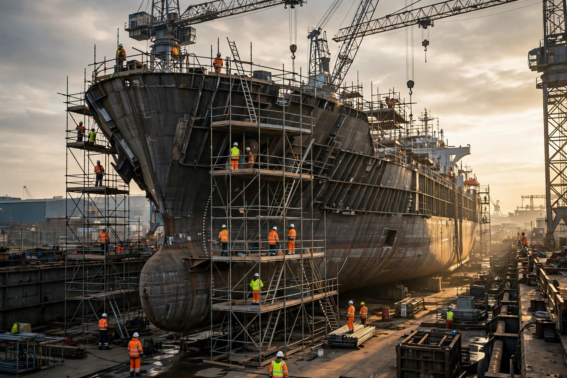 Fotografía de un astillero con un gran buque en construcción sobre la grada y grúas pórtico al fondo