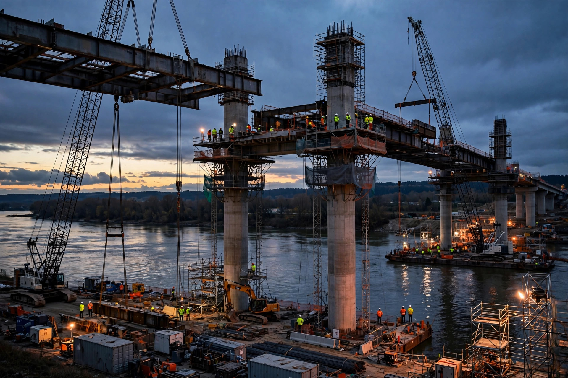 Puente colgante en construcción con grúas y cables de acero al atardecer