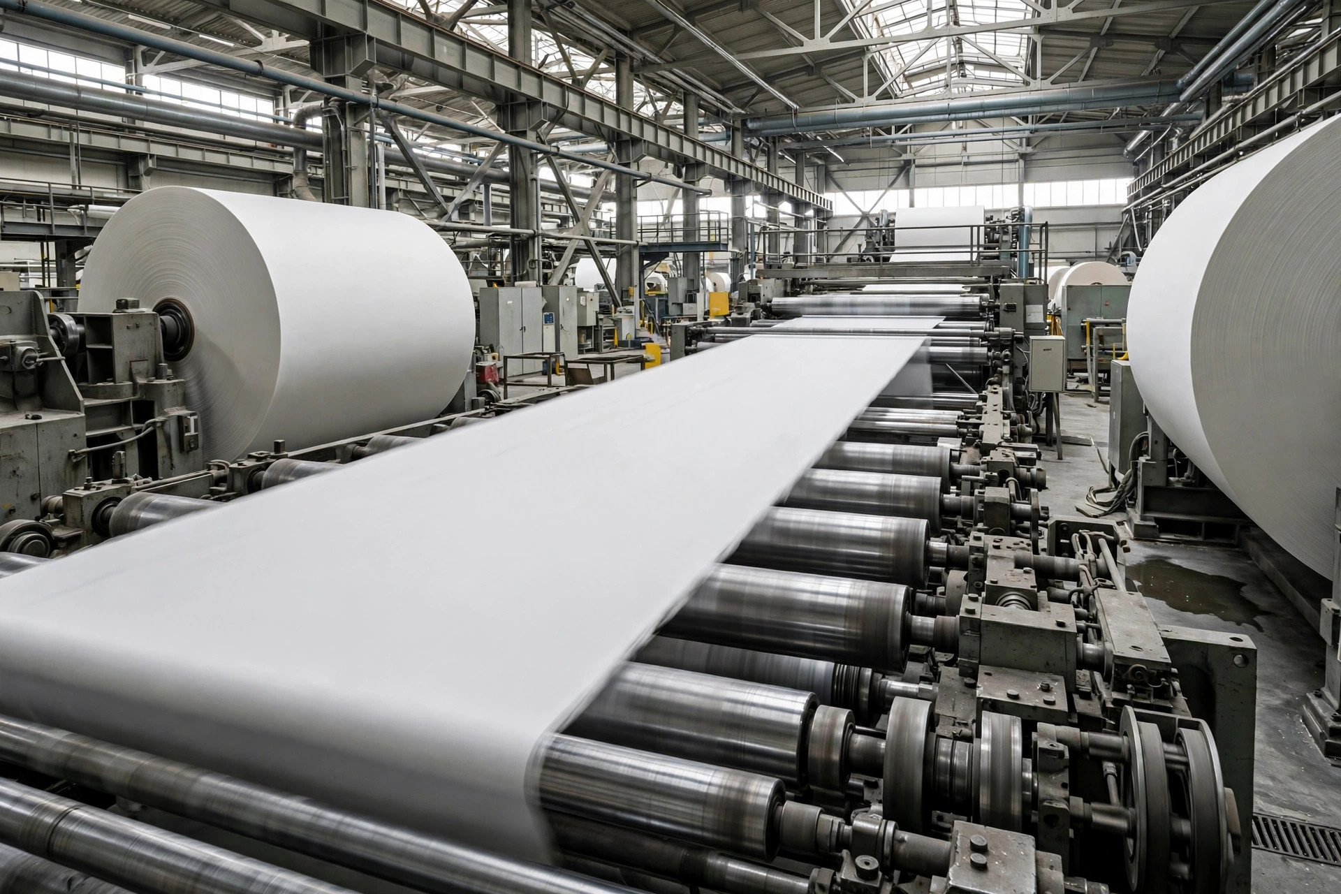 Bobinas gigantes de papel blanco en una fábrica papelera moderna