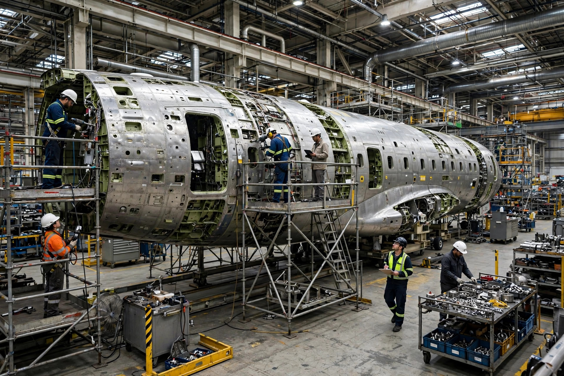 Fotografía del interior de una fábrica de aviones con un fuselaje en la línea de ensamblaje
