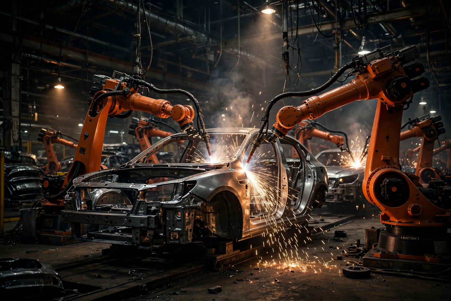 Fotografía de robots soldando carrocerías de coches en una línea de producción de una fábrica de automóviles