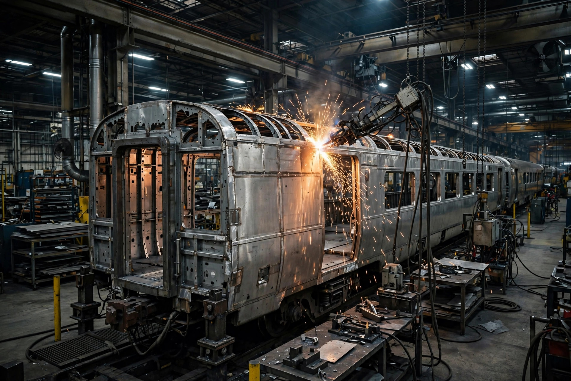 Fotografía industrial de una fábrica de trenes con la carrocería de un vagón en la línea de ensamblaje