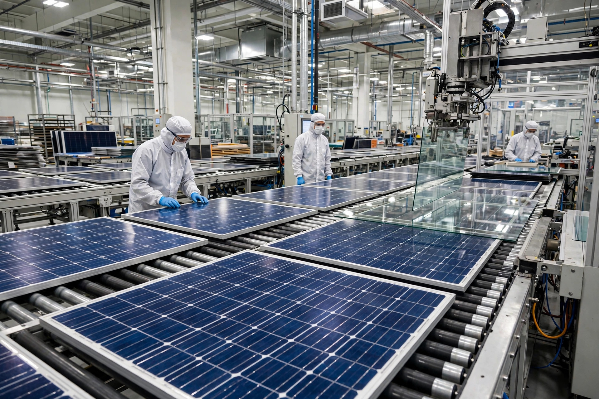 Fábrica de paneles solares con células fotovoltaicas azules en línea de producción