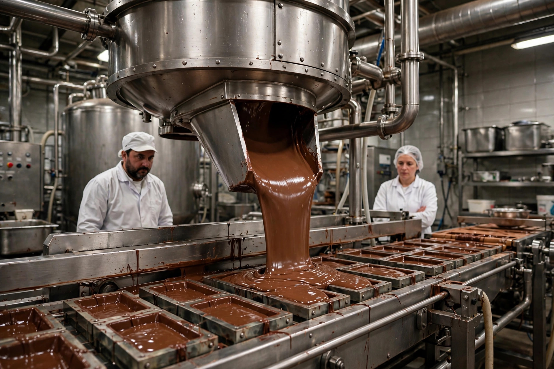 Granos de cacao tostados junto a trozos de chocolate y una mazorca de cacao abierta