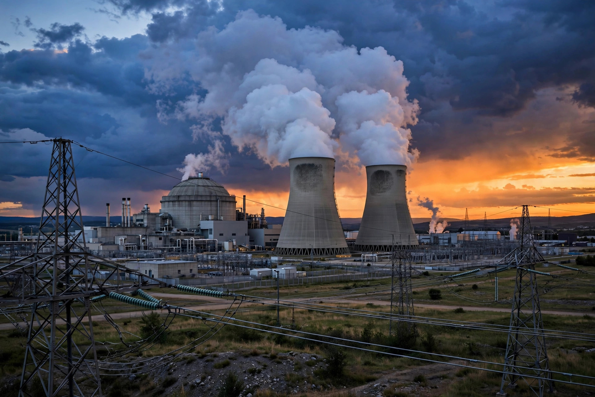Fotografía de una central nuclear con torres de refrigeración y edificio del reactor al atardecer